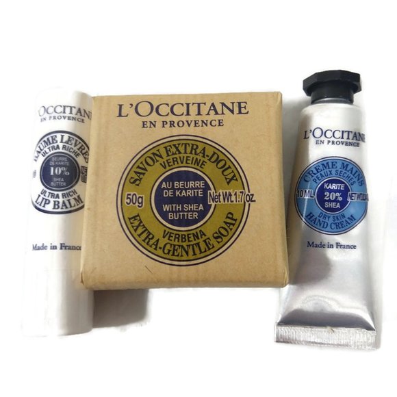 L'Occitane Verbena Soap, Shea Butter Hand Cream & Lip Balm Set X 3 NEW - Picture 1 of 5